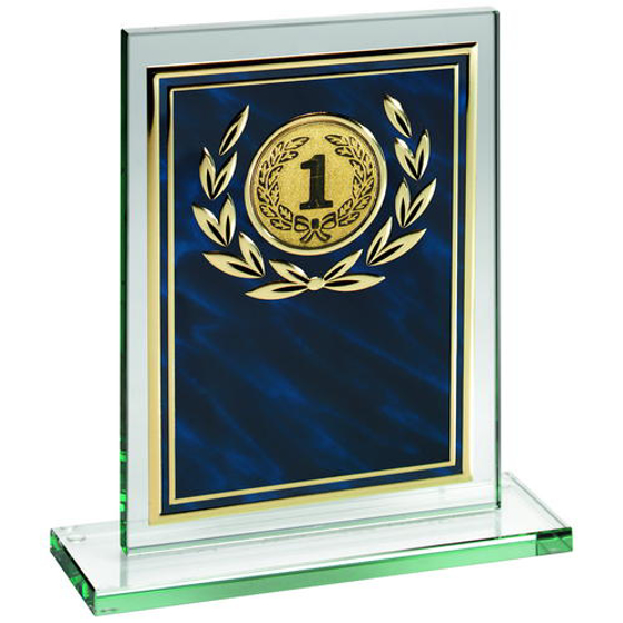 Jade Glass Plaque With Blue/gold Aluminium Front Trophy - (2in Centre) 8in (203mm)