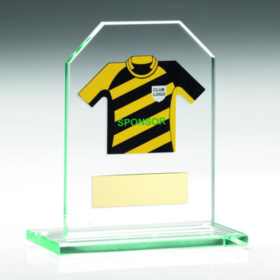 Jade Glass Plaque With Rugby Shirt Trophy -    (shirt B) - 4.5in (114mm)