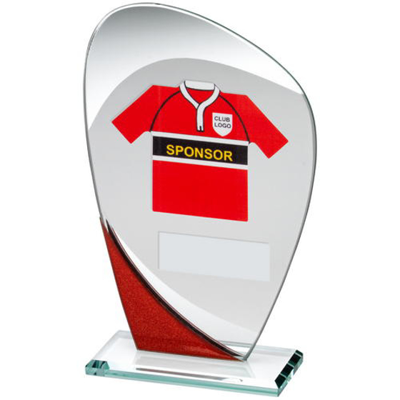Jade/red/silver Glass Plaque With Rugby Shirt Trophy - (shirt B) - 6.5in (165mm)