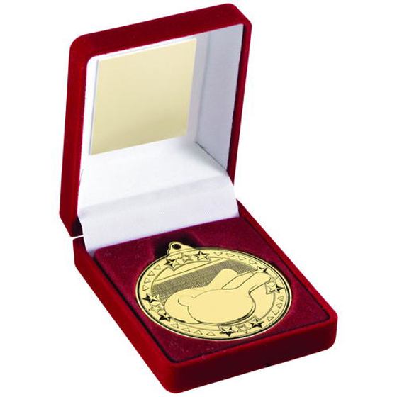 Red Velvet Box And 50mm Medal Table Tennis Trophy - Bronze - 3.5in (89mm)