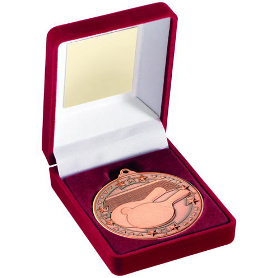 Red Velvet Box And 50mm Medal Table Tennis Trophy - Gold - 3.5in (89mm)