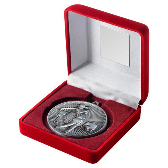 Red Velvet Box And 60mm Medal Golf Trophy - Antique Silver - 4in (102mm)
