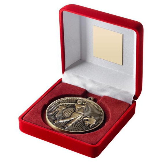 Red Velvet Box And 60mm Medal Golf Trophy - Bronze - 4in (102mm)