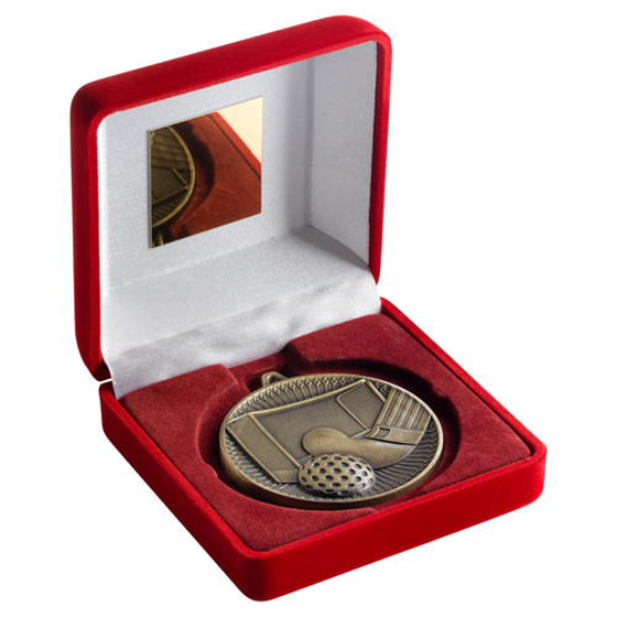 Red Velvet Box And 60mm Medal Hockey Trophy - Bronze - 4in (102mm)