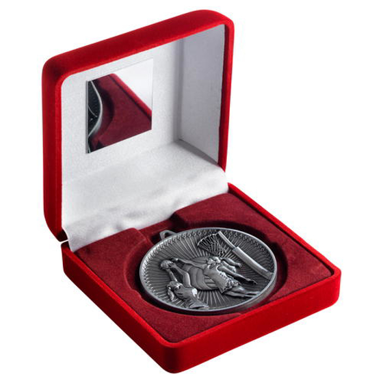 Red Velvet Box And 60mm Medal Netball Trophy - Antique Silver - 4in (102mm)