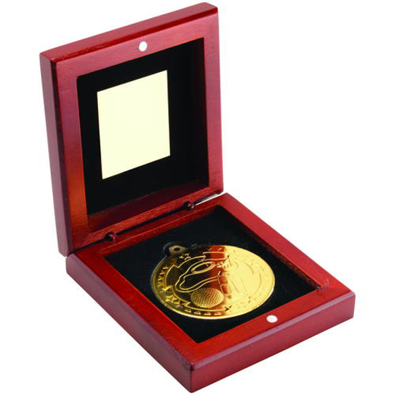 Rosewood Box And 50mm Medal Golf Trophy - Bronze 3.75in (95mm)