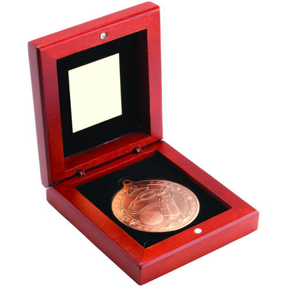 Rosewood Box And 50mm Medal Golf Trophy - Gold 3.75in (95mm)