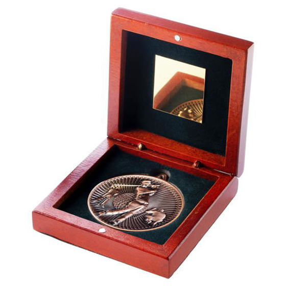 Rosewood Box And 60mm Medal Golf Trophy - Antique Gold - 4.25in (108mm)