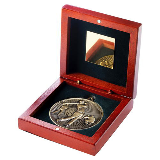 Rosewood Box And 60mm Medal Golf Trophy - Bronze - 4.25in (108mm)
