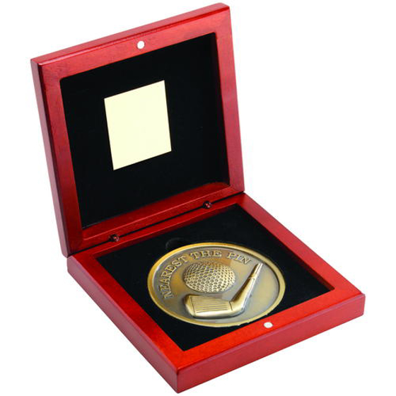 Rosewood Box And 70mm Medallion Golf Trophy - Antique Gold Nearest The Pin 4.5in (114mm)