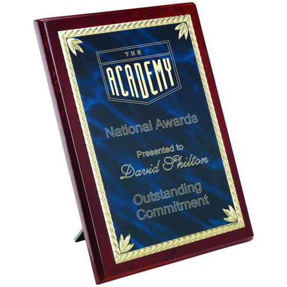 Rosewood Plaque With Blue/gold Aluminium Front - 6in (152mm)