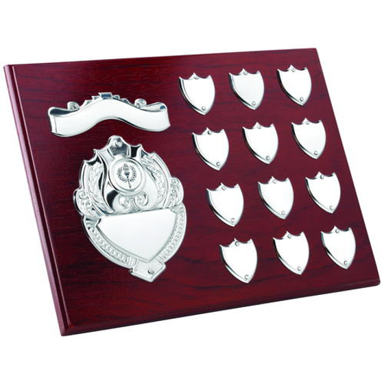 Rosewood Plaque With Chrome Fronts And Record Shields (1in Centre) - 9 x 12in (229 X 305mm)