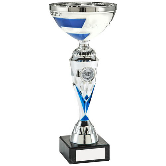 Silver/blue Diamond V Stem Trophy (1in Centre) - 11in (279mm)