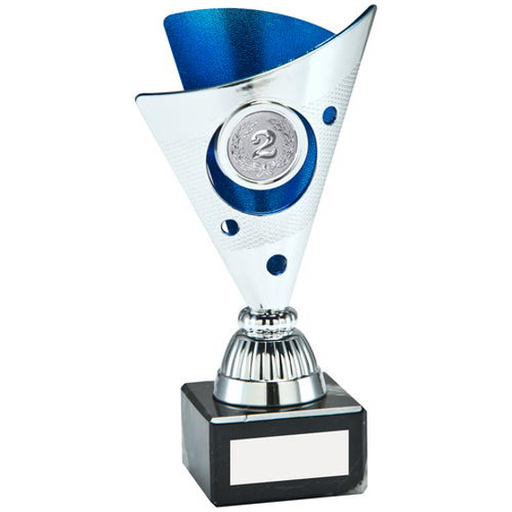 Silver/blue Tri Dot Trophy (1in Centre) - 6.5in (165mm)