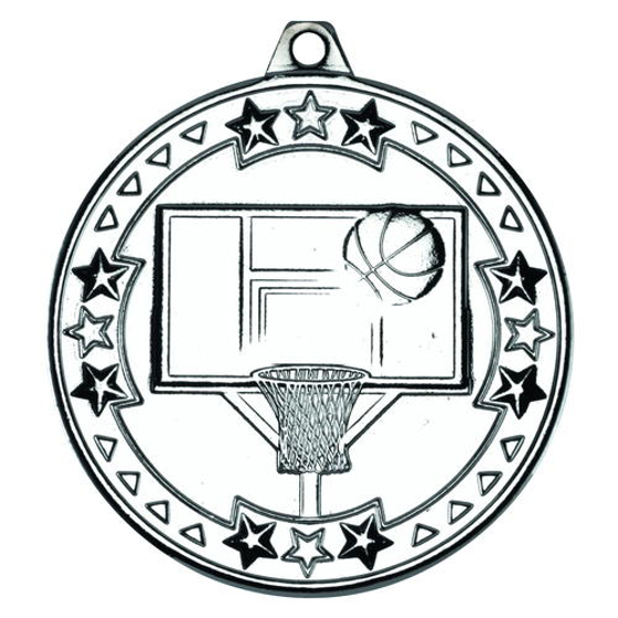 Basketball 'tri Star' Medal - Silver 2in (50mm)