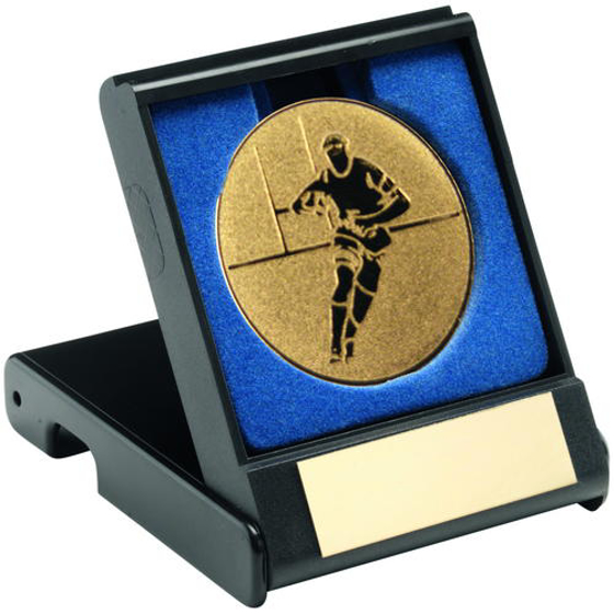Black Plastic Box With Rugby Insert Trophy - Gold 3.5in (89mm)