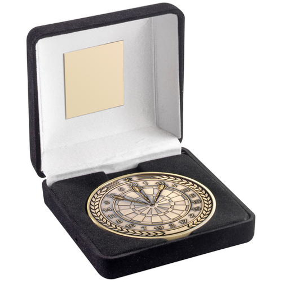 Black Velvet Box And 70mm Medallion Darts Trophy - Antique Gold - 4in (102mm)