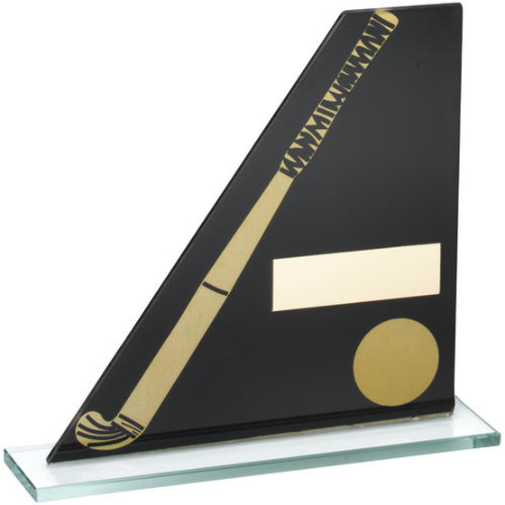 Black/gold Printed Glass Plaque With Hockey Stick/ball Trophy - 5.75in (146mm)