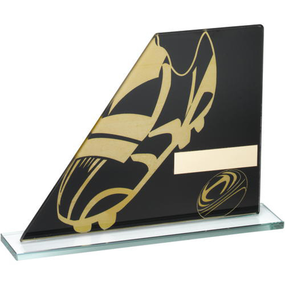 Black/gold Printed Glass Plaque With Rugby Boot/ball Trophy - 5.75in (146mm)