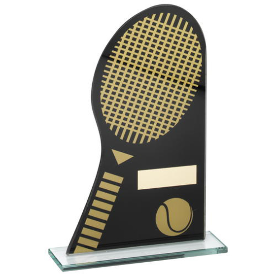 Black/gold Printed Glass Plaque With Tennis Racket/ball Trophy - 8.75in (222mm)
