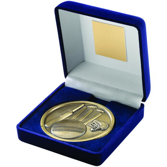Blue Velvet Box And 70mm Medallion Cricket Trophy - Antique Gold 4in (102mm)