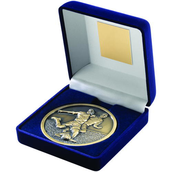 Blue Velvet Box And 70mm Medallion Football Trophy - Antique Gold 4in (102mm)