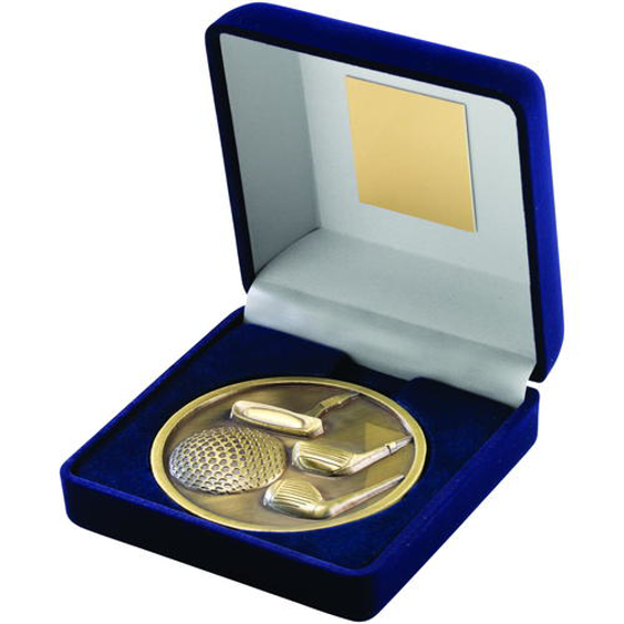Blue Velvet Box And 70mm Medallion Golf Trophy - Antique Gold 4in (102mm)
