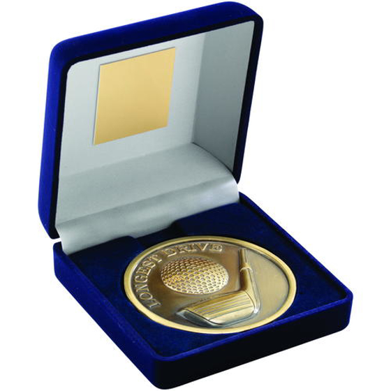 Blue Velvet Box And 70mm Medallion Golf Trophy - Antique Gold Longest Drive 4" (102mm)