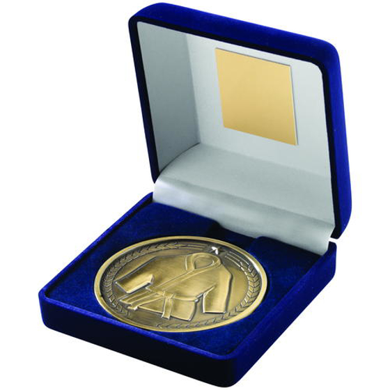 Blue Velvet Box And 70mm Medallion Martial Arts Trophy - Antique Gold 4in (102mm)