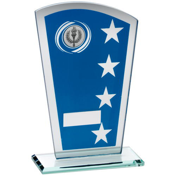 Blue/silv Printed Glass Shield With Wreath/star Design Trophy - (1in Cen) 8in (203mm)