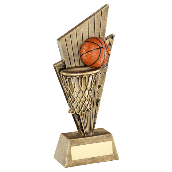 Brz/gold/orange Basketball And Net On Pointed Backdrop Trophy - 7in (178mm)