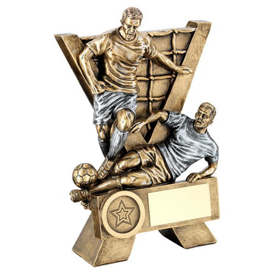 Brz/pew Male Double Football Figures With V-net Backdrop Trophy - (1in Centre) - (152mm)