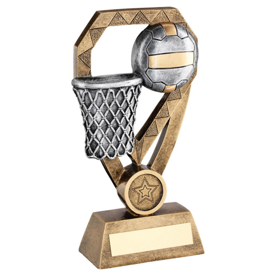 Brz/pew/gold Netball With Net On Diamond Trophy (1in Centre) - 6in (152mm)