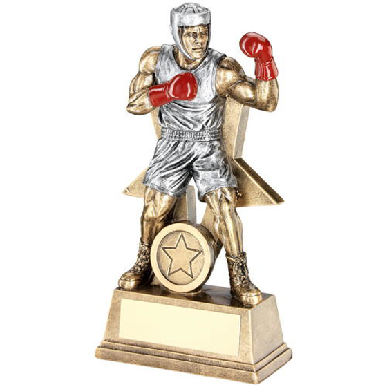 Brz/pew/red Male Boxing Figure With Star Backing Trophy (1in Centre) - 6in (152mm)