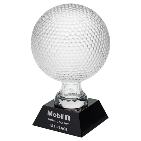 Clear Glass Golf Ball On Black Base - (4"" Dia) 6.5in (165mm)