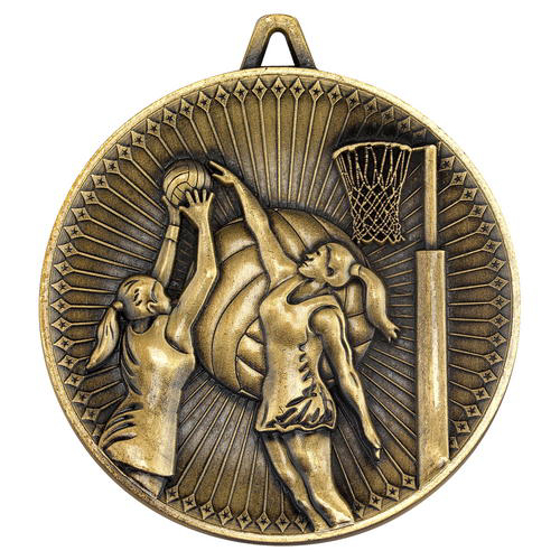 Netball Deluxe Medal - Antique Gold 2.35in (60mm)