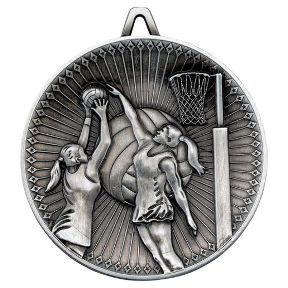 Netball Deluxe Medal - Antique Silver 2.35in (60mm)