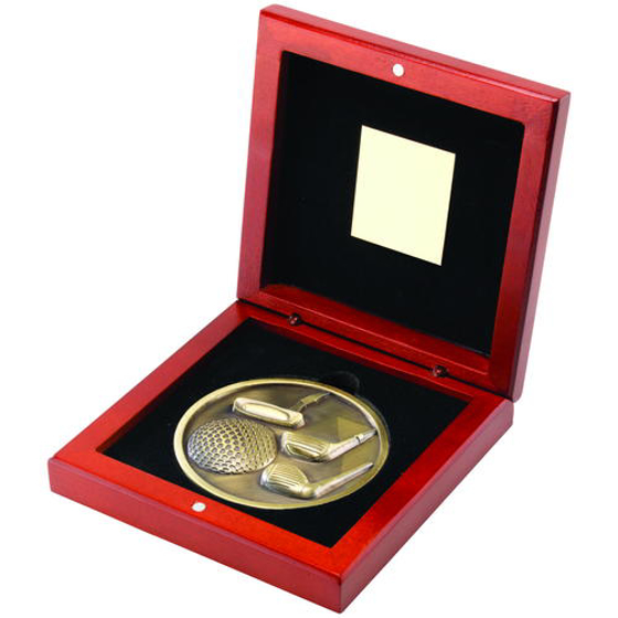 Rosewood Box And 70mm Medallion Golf Trophy - Antique Gold 4.5in (114mm)