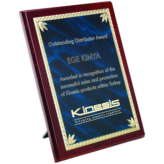Rosewood Plaque With Blue/gold Aluminium Front - 10in (254mm)