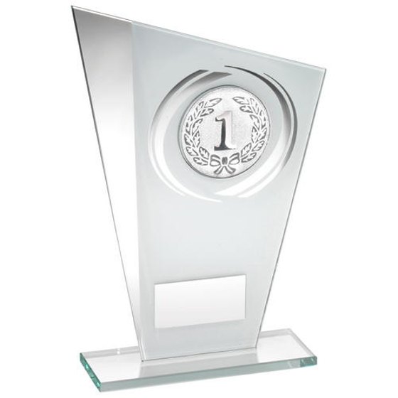 White/silver Printed Glass Plaque With Wreath Trophy - (1in Centre) - 7.25in (184mm)