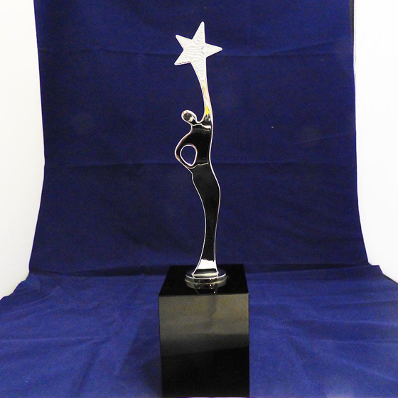 Picture of Silver Lady with star on tall black base. 350mm