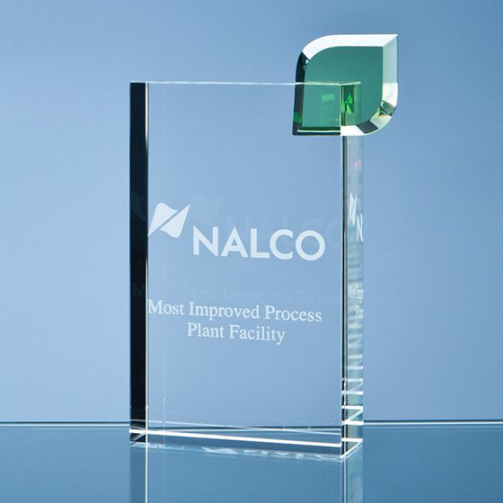 Glass Rectangular Block with single green leaf. 170mm
