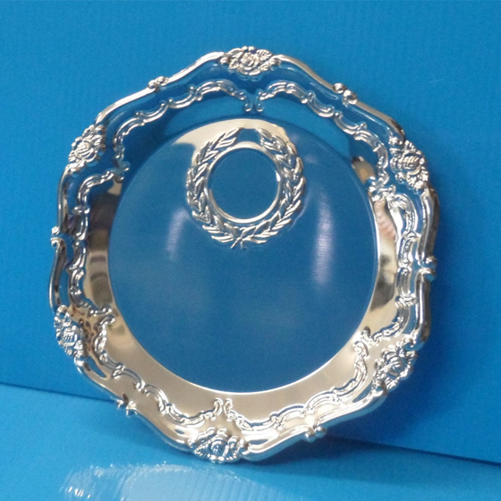 Silver Coloured patterned edge salver with laurel 5.5"