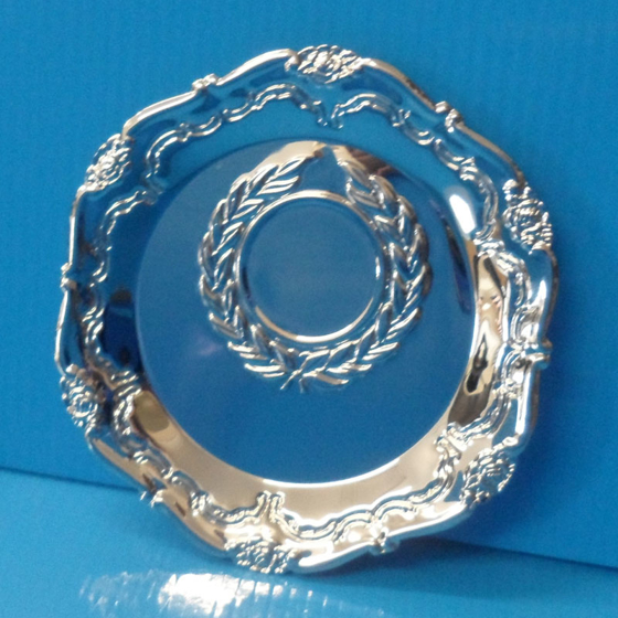 Picture of Silver coloured patterned edge salver with laurel 3.5"
