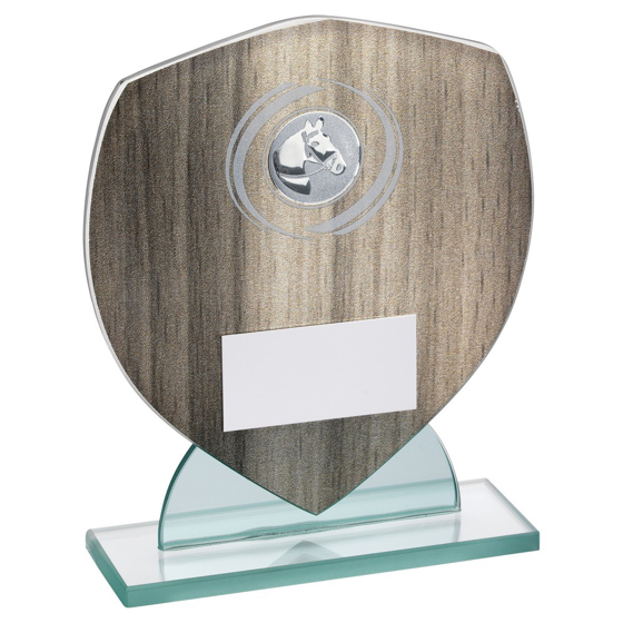 WOOD EFFECT GLASS SHIELD WITH HORSE INSERT AND PLATE - 5.5in 140MM