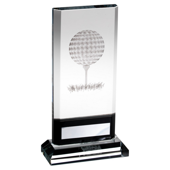 CLEAR/BLACK GLASS PLAQUE WITH LASERED GOLF IMAGE AND PLATE (15MM THICK) - 6.75in 171MM