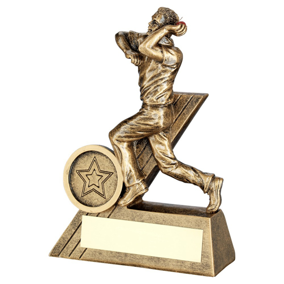 BRZ/GOLD MINI MALE CRICKET BOWLER FIGURE WITH PLATE (1in CENTRE) - 4.75in 121MM