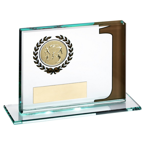 JADE GLASS PLAQUE WITH MULTI ATHLETICS INSERT AND PLATE GOLD 1ST - 3.25 x 4in 83 X 102MM