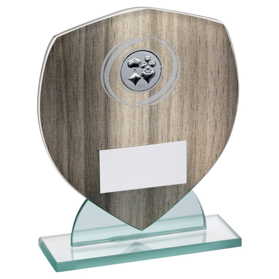 WOOD EFFECT GLASS SHIELD WITH CARDS INSERT AND PLATE - 5.25in 133MM