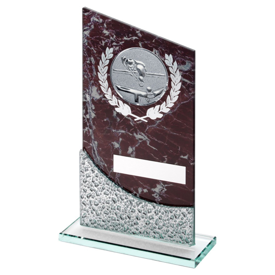 BROWN MARBLE PRINTED GLASS PLAQUE WITH POOL/SNOOKER INSERT AND PLATE - 8.25in 210MM
